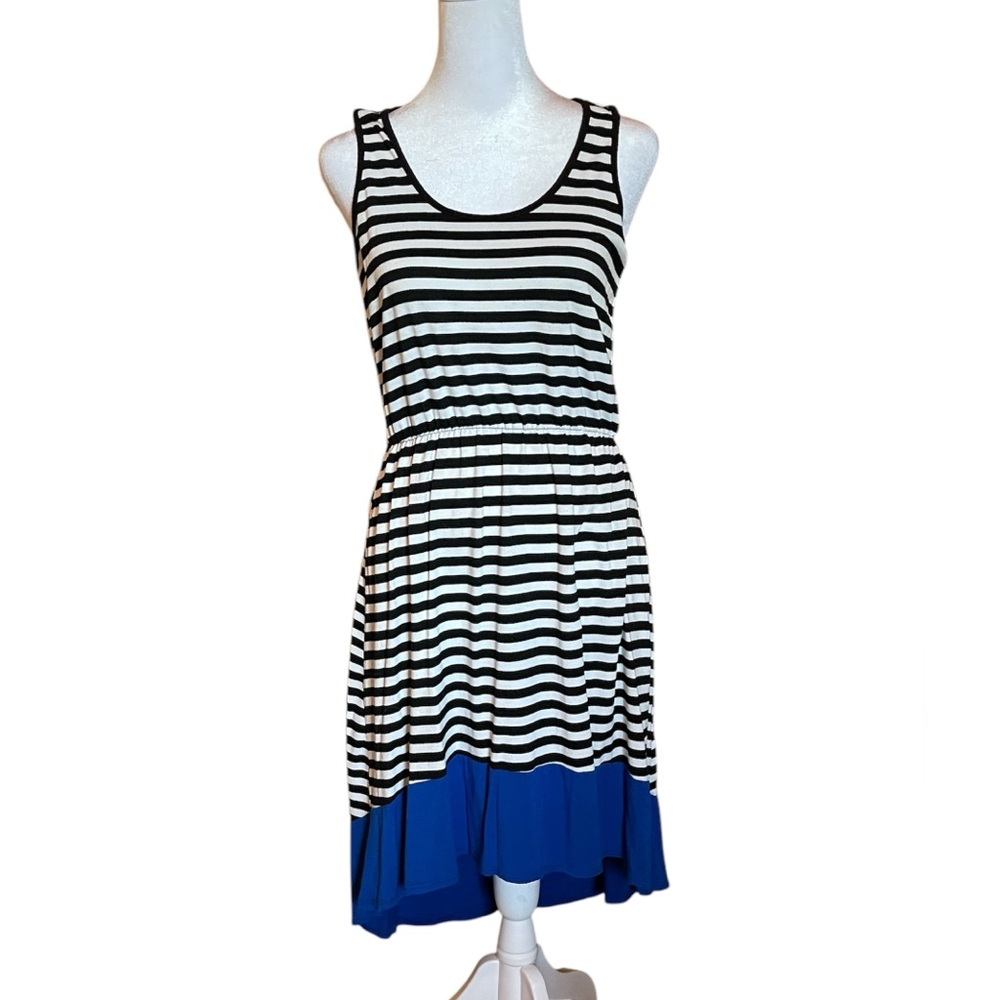 Sleeveless Asymmetrical Striped Black and White Dress with Blue Hem